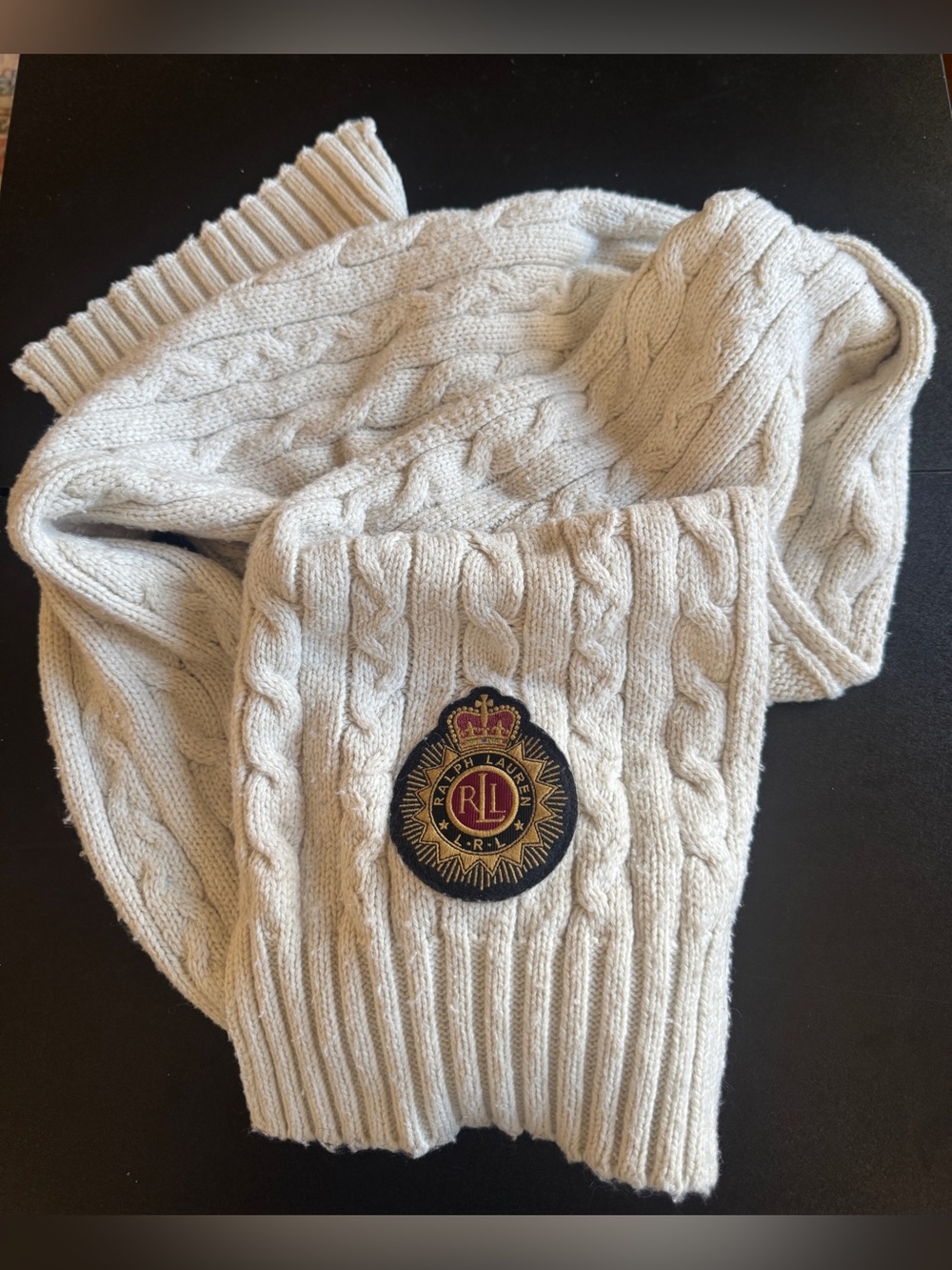 Ralph Lauren Cream White Cable Knit Scarf with Preppy Crest Cotton Classic Cozy